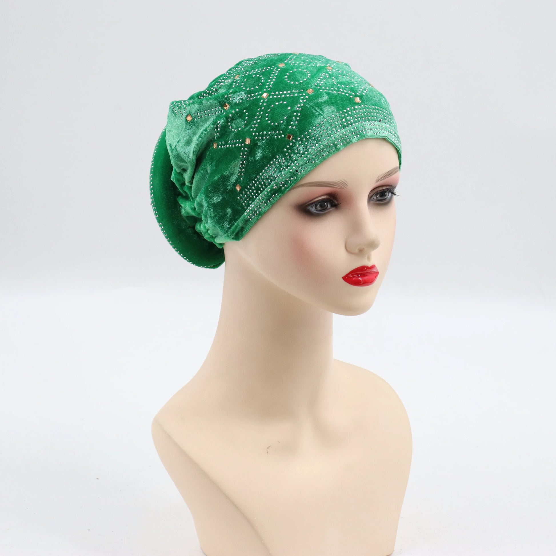 Soft Velvet Turban Cap for Women Muslim Headscarf Bonnet Elastic Female Headpiece Stylish Glitter Diamonds African Head Wraps - NamafadStore