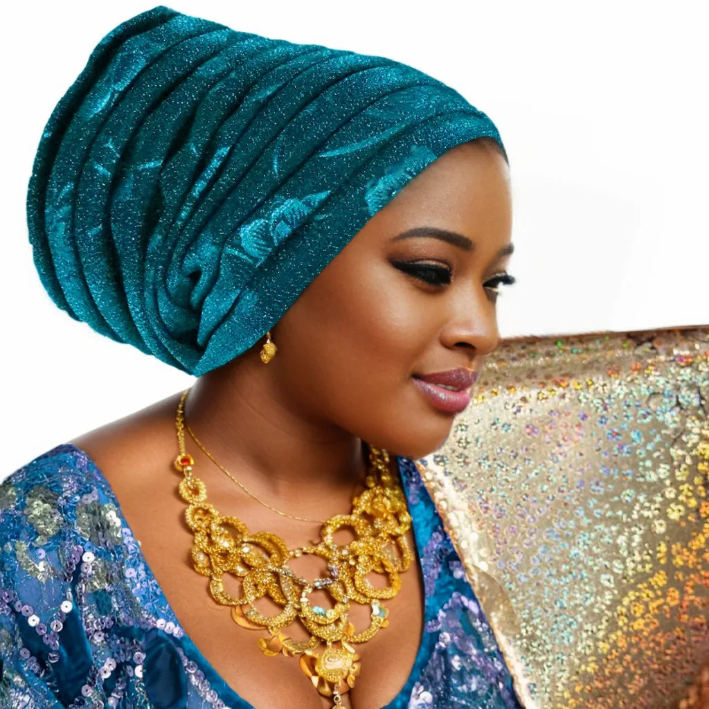 Glitter Pleated Women's Head Wraps Bonnet African Turban Cap Muslim Headscarf Bonnet Turbante mujer - NamafadStore