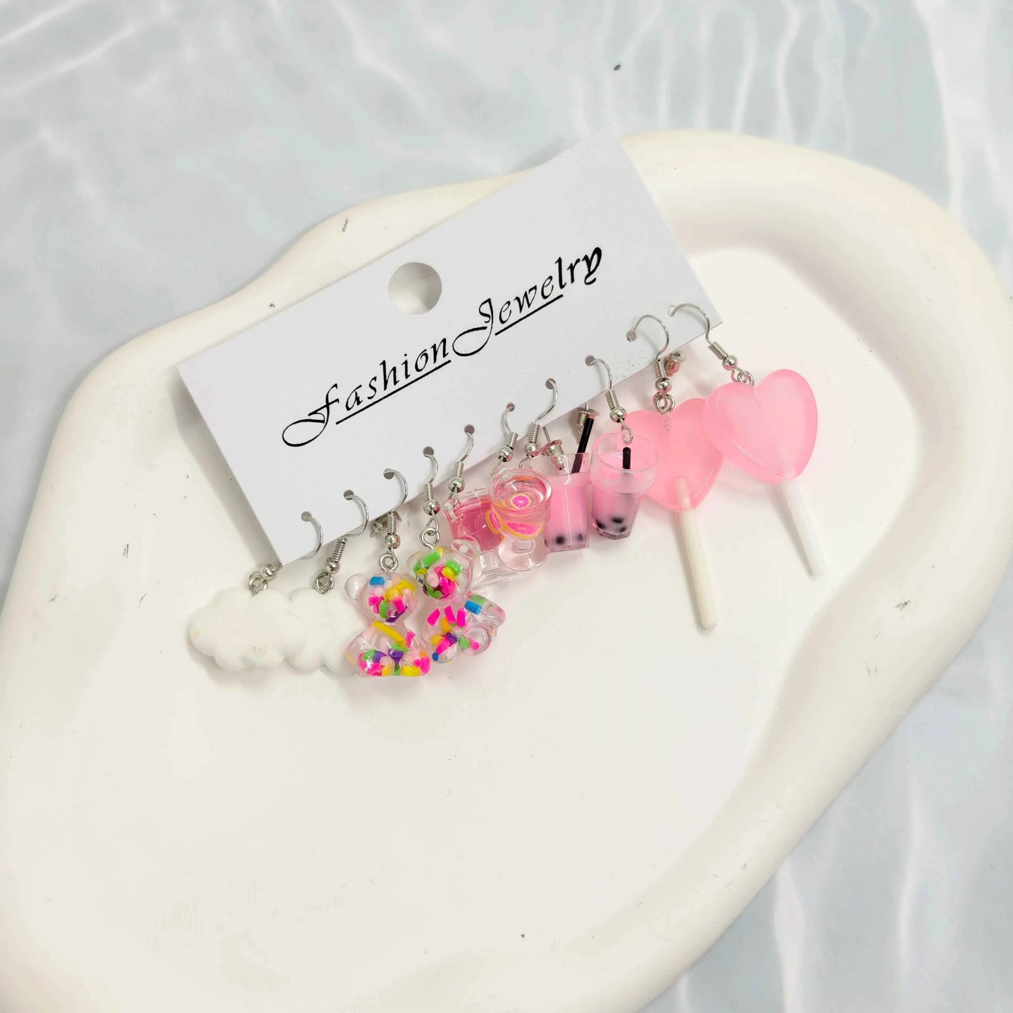 Little Bear High footed Cup White Cloud Earrings, Resin Simulation Food Candy Earrings Set