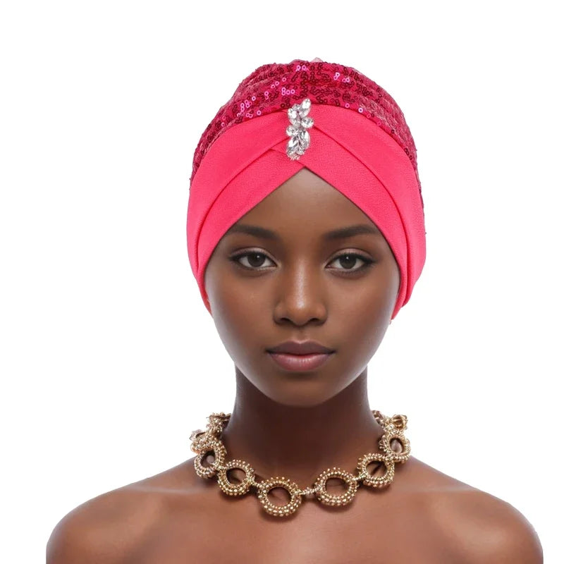 Muslim Headscarf Cap Lady Headwrap Hat Turbante Mujer Sequins Turban Cap for Women Cross Forehead Wrap Head Bonnet - NamafadStore
