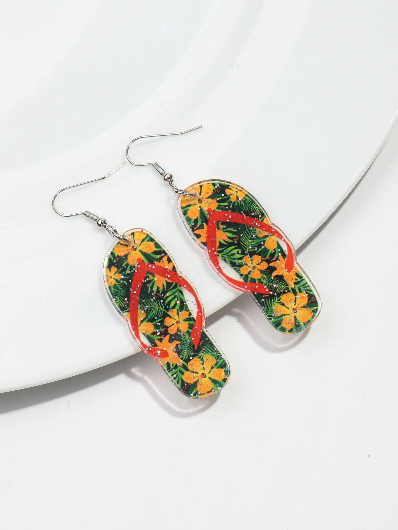 Bohomian Summer Acrylic Flower Slippers Earrings for Women Boho Resin Cute Lemon Leopard Print Shoes Earring Design Jewelry