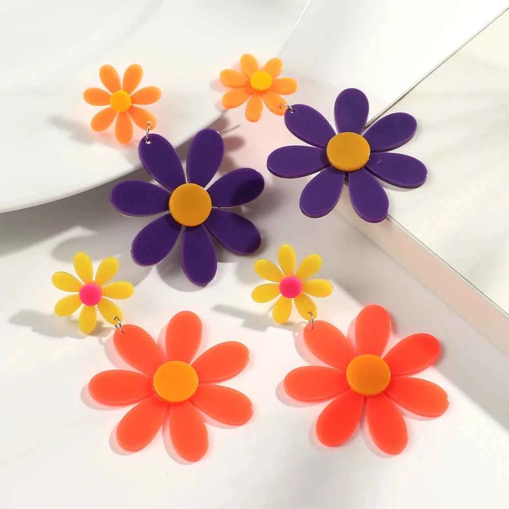 Boho Colorful Acrylic Sunflower Long Earrings for Women Korean Trendy Big Daisy Flower Drop Earring Cute Jewelry Birthday Gifts