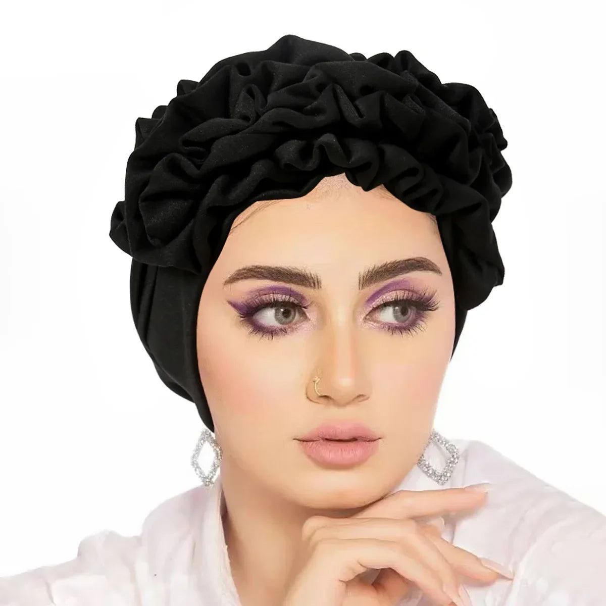 Trendy Crinkle Women's Hijab Solid Color Muslim Ladies Turban Bonnet Flower Decor Ramadan Head Wrap Head Scarf Indian Hat Mujer - NamafadStore