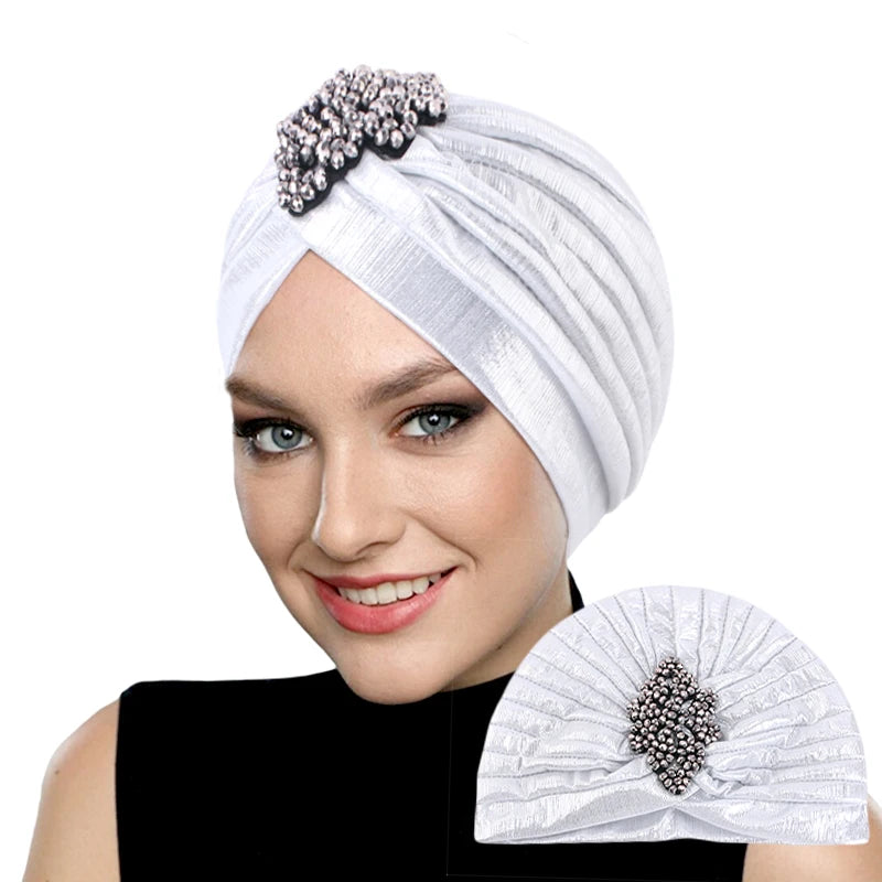 New Women's Luxury Diamond Turban Cap Muslim Indian Hat Bandana Elastic Beanies Chemo Cap African Hat Headwear - NamafadStore