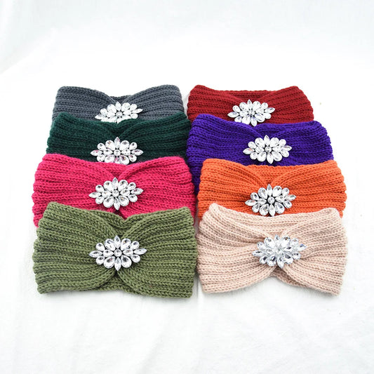 Elegant Women Rhinestone Knitted Hair Bands Ear Protection Headband Head Cover Face Washing Exercise Yoga Warm Wool Headwrap - NamafadStore