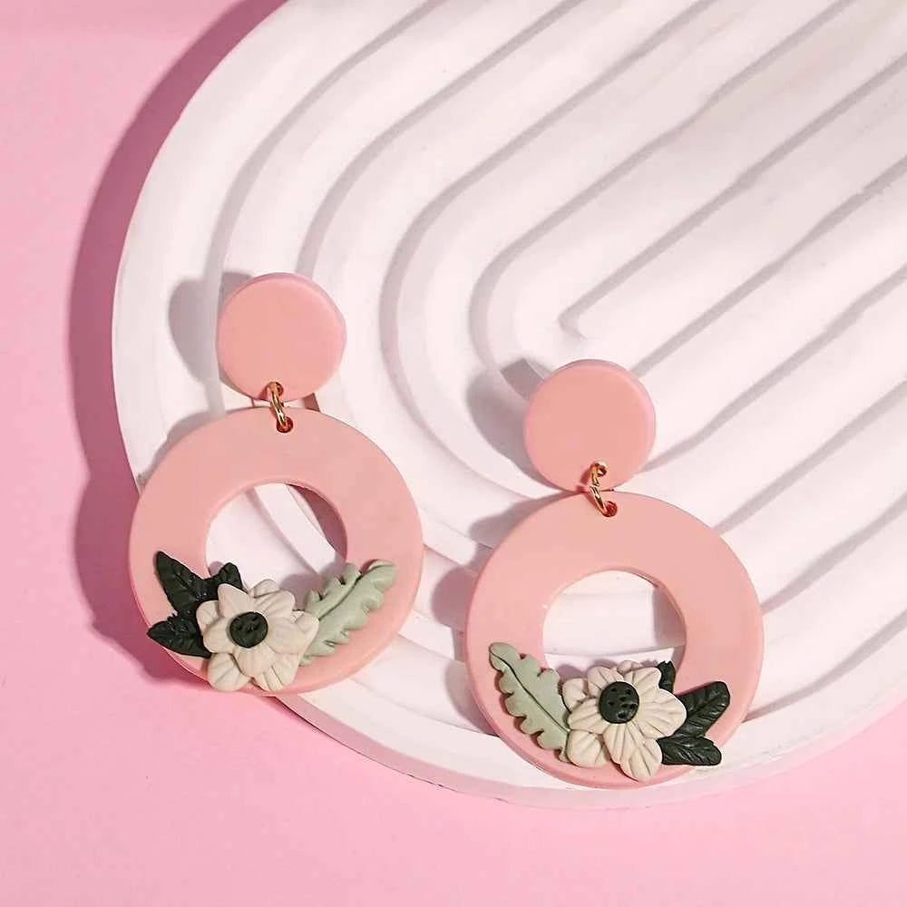 AENSOA Hollow Round Flower Earring For Women Polymer Clay Valentine's Day Girls Gift Heart Pattern Ear Accessories Jewelry INS