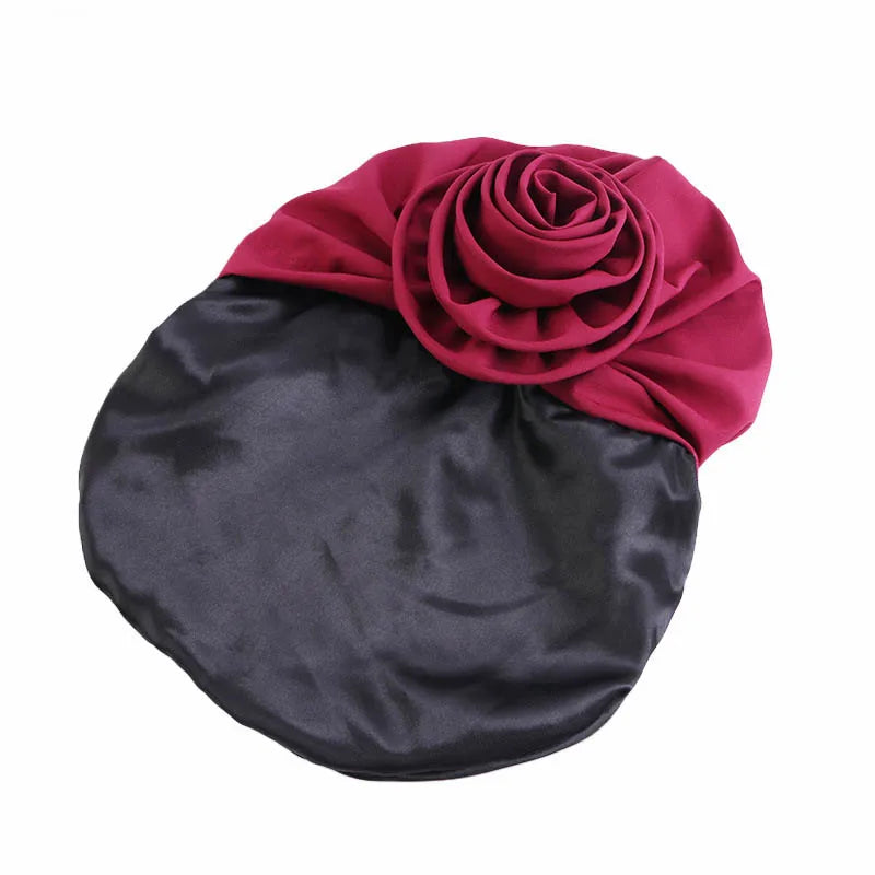 Satin Lined Woman Turban Cap Big Flower African Hat Solid Color Headwrap Bonnet Muslim Hijab Headscarf Ladies Beanies Headwear - NamafadStore