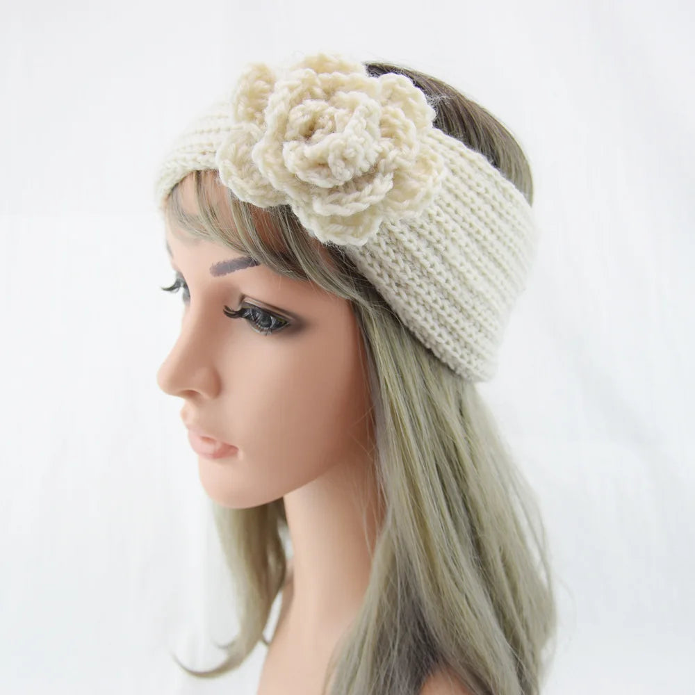 Women Rose Flower Knitted Headbands Women Autumn Winter Crochet Head Wrap wide Woolen Hairband Turban Bandana Hair Accessories - NamafadStore