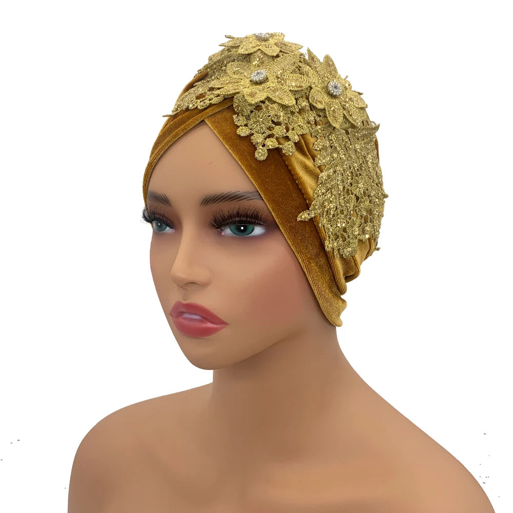 Applique Flower Embroidery Turban Caps for Women Ruffle Velvet Headscarf Bonnet Hat Female Head Wraps Turbante Mujer - NamafadStore