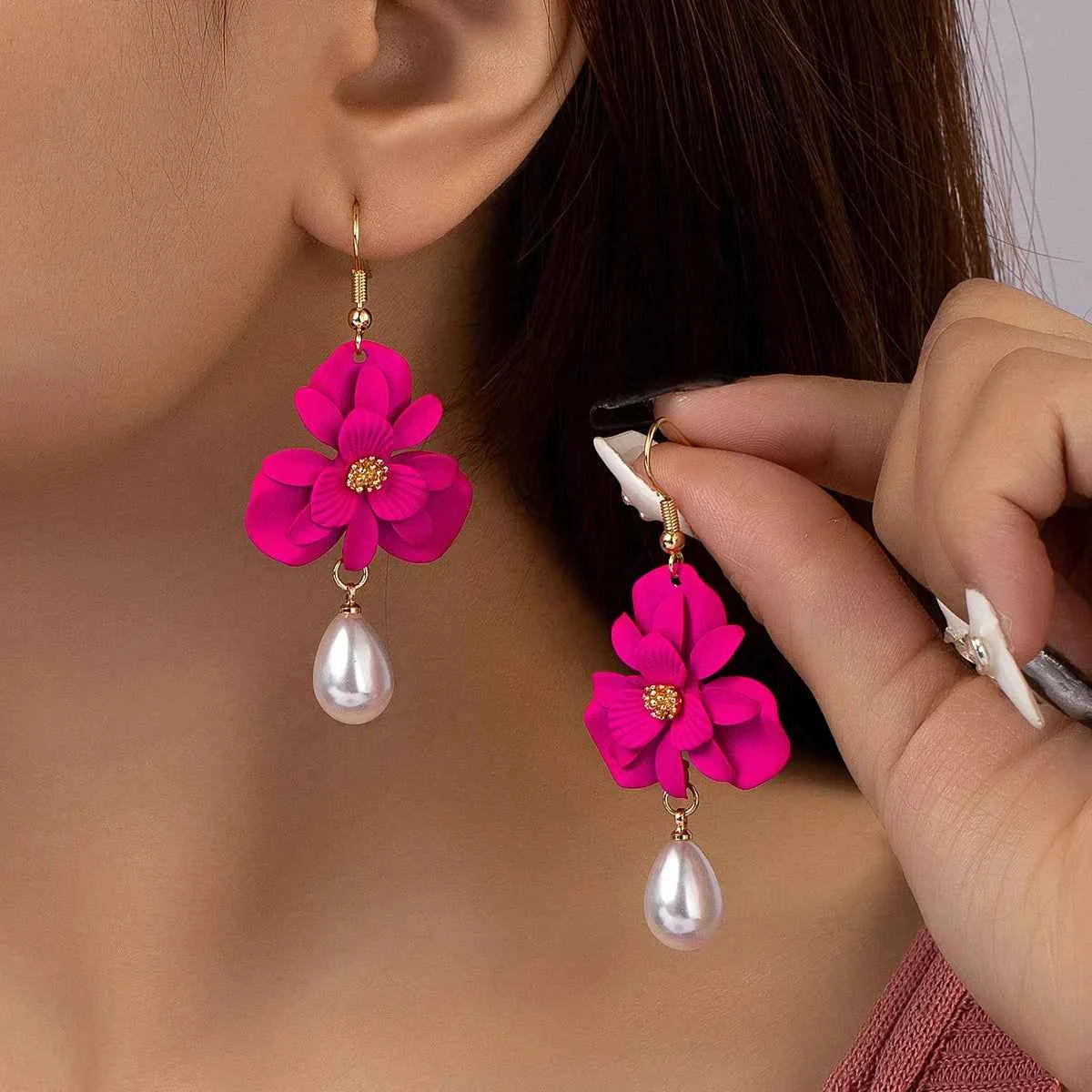 Rose Red Flower Imitation Pearl Dangle Earrings for Women Fashion Multilayer Floral Drop Earrings Jewelry Accessories Party Gift