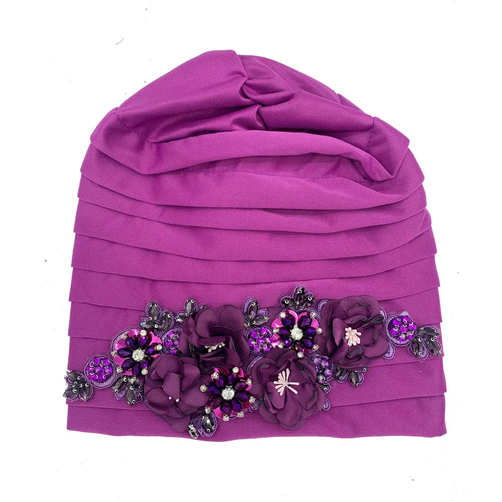 Elegant Flower Diamonds Women's Turban Cap African Party Headwear Hat Lady Head Wraps Muslim Headscarf Hats Turbante Mujer - NamafadStore