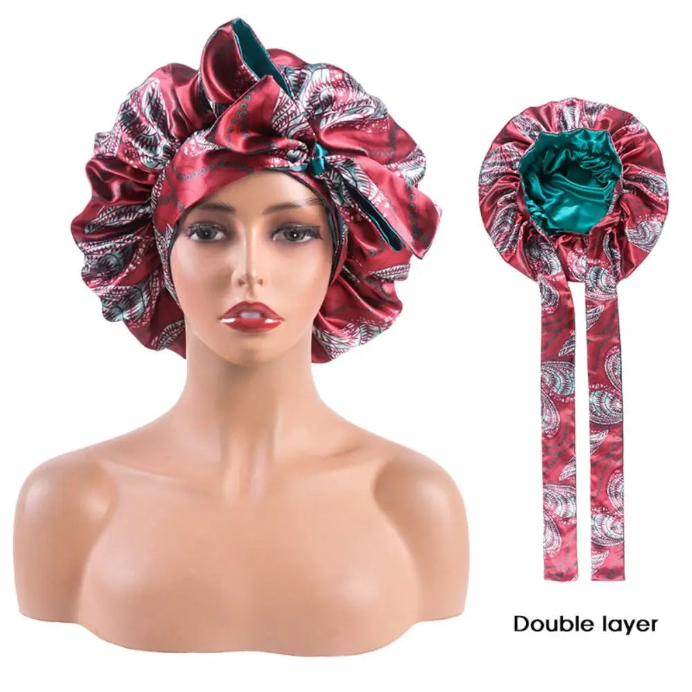 Double-layer Satin Sleep Cap Fashion Adjustable Stretchy Tie Band Silky Satin Bonnet Curly Hair Elastic Hair Cap Sleeping - NamafadStore