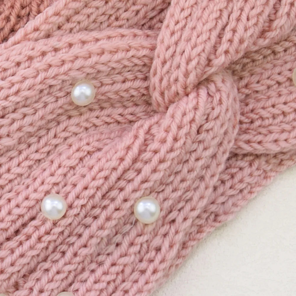 Fashion Pearls Knitted Headband Women Cross Knotted Hair Bands Autumn Winter Ear Warmer Protectors Wide Turban Hair Accessories - NamafadStore
