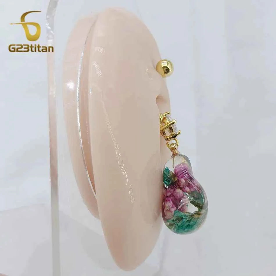 Transparent Resin Flower Charm Dangle Belly Button Ring 14G Allergy Free Titanium Bar Navel Piercing Women Summer Beach Jewelry