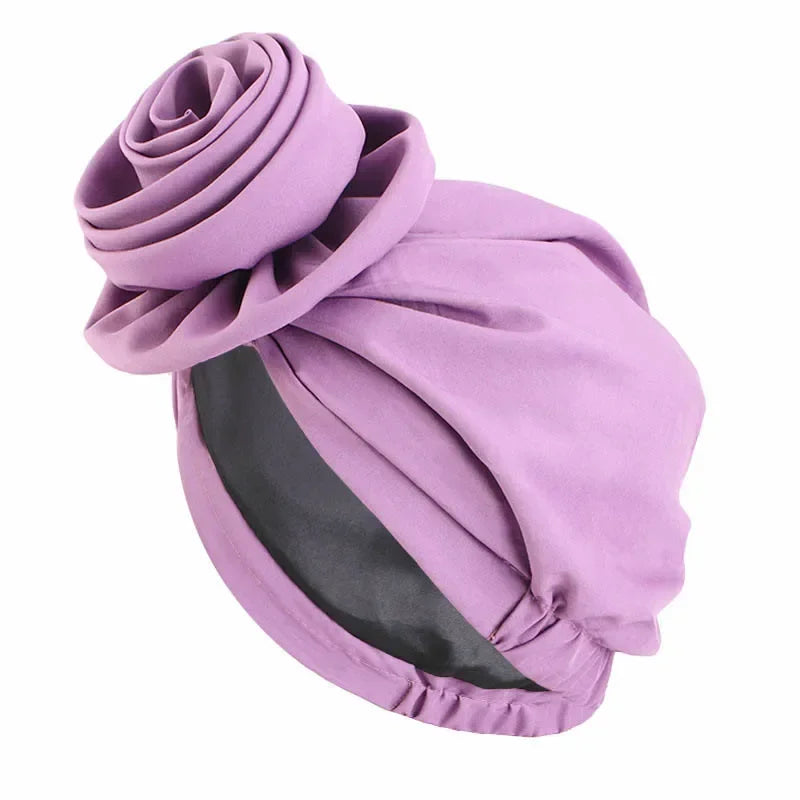 Big Flower Muslim Women Turban Satin Head Wrap Hijab Sleep Night Hat Chemo Cap Indian Elastic Beanie Ladies Hair Loss Headwear - NamafadStore