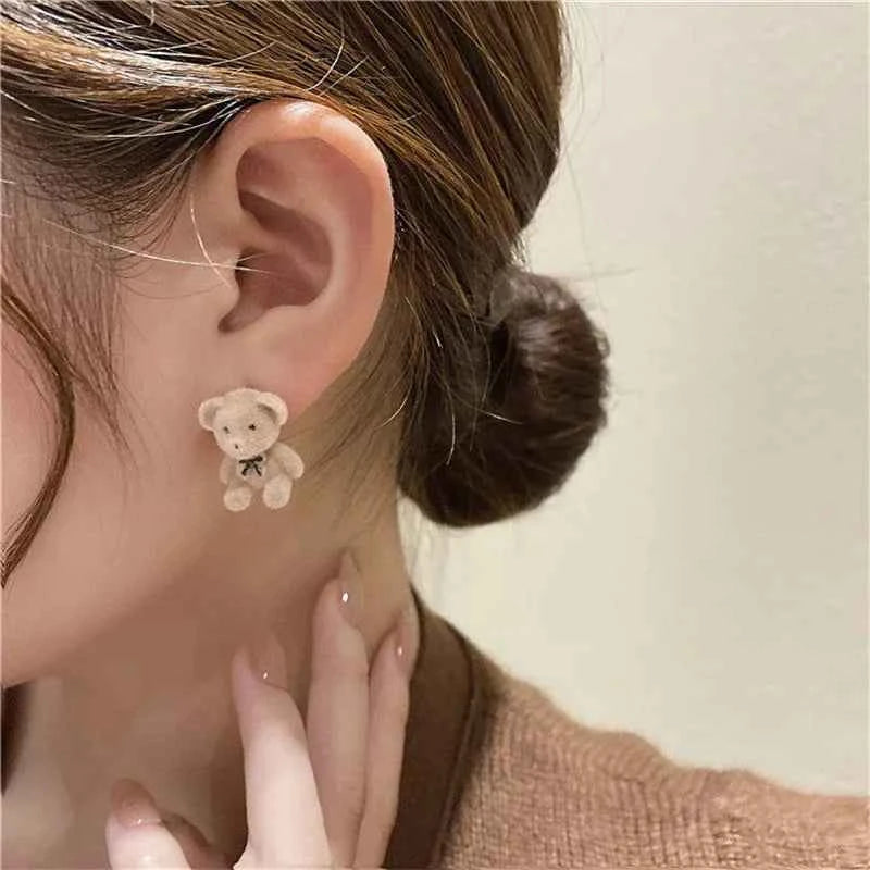 New Design Cute Flocking Plush Rabbit Stud Earrings for Women Korean Fashion Brown Animal Bear Earring Jewelry Party Girls Gift