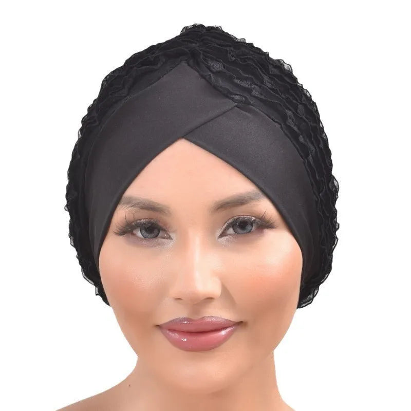 Fashion Women Ruffle Lace Turban Cap Elastic Islamic Female Solid Color Head Wraps Muslim Headscarf Lady Beanie Caps