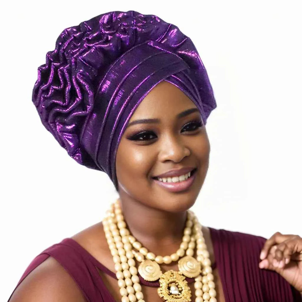 Women’s Glitter Pleated Turban Cap – Auto Gele Headtie African Wedding & Party Head Wrap