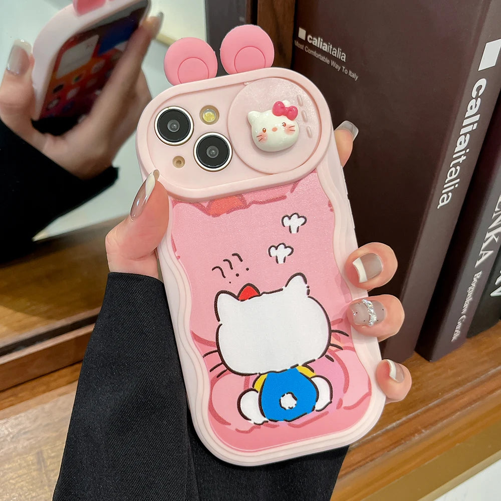 3D Ears Toy Kitty Kuromi Melody Cartoon Sliding Camera Case for iPhone 16 Pro Max 11 12 13 Pro 14 Plus 15 XS XR Wave Phone Capa