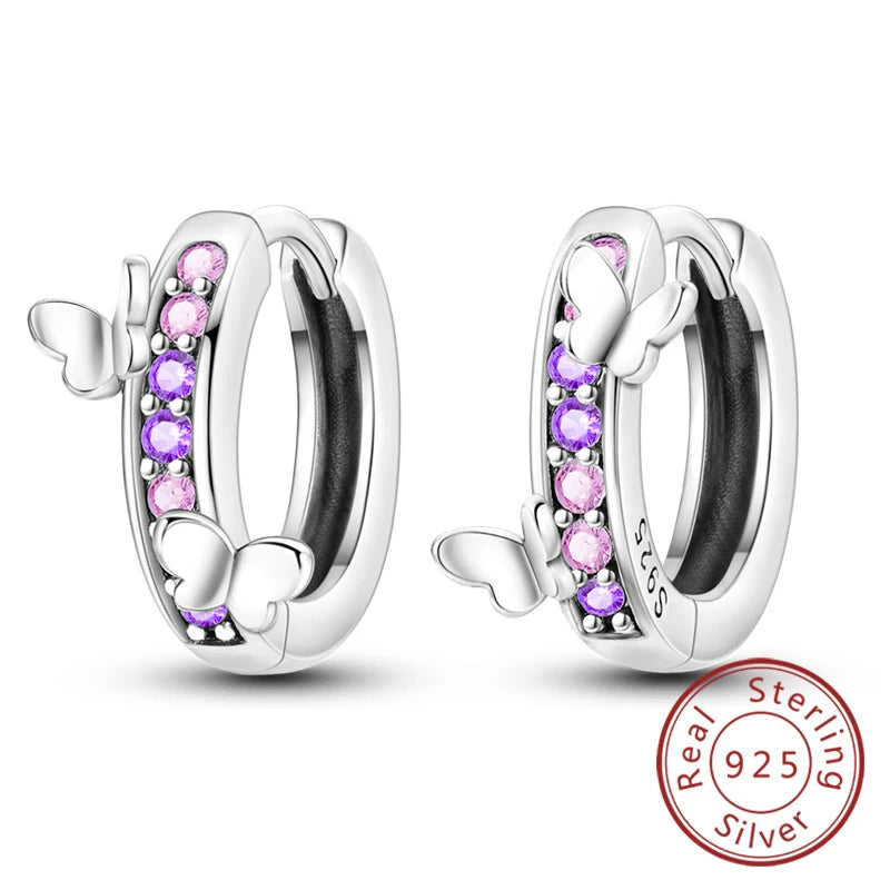 New Original 925 Sterling Silver Hoop Earrings Purple Zircon Flowers Butterflies Studs Earring For Women Wedding Engagement Gift