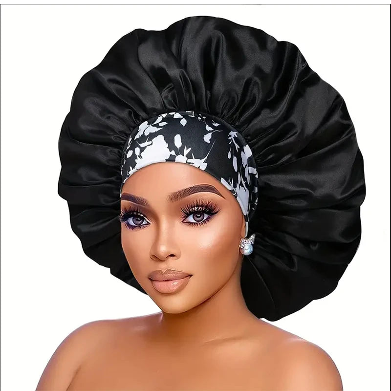 Extra Large Silky Satin Hair Bonnet For Women Thick Hair Sleep Cap Elastic Band Beanie African Headwrap Flower Turban Chemo Caps