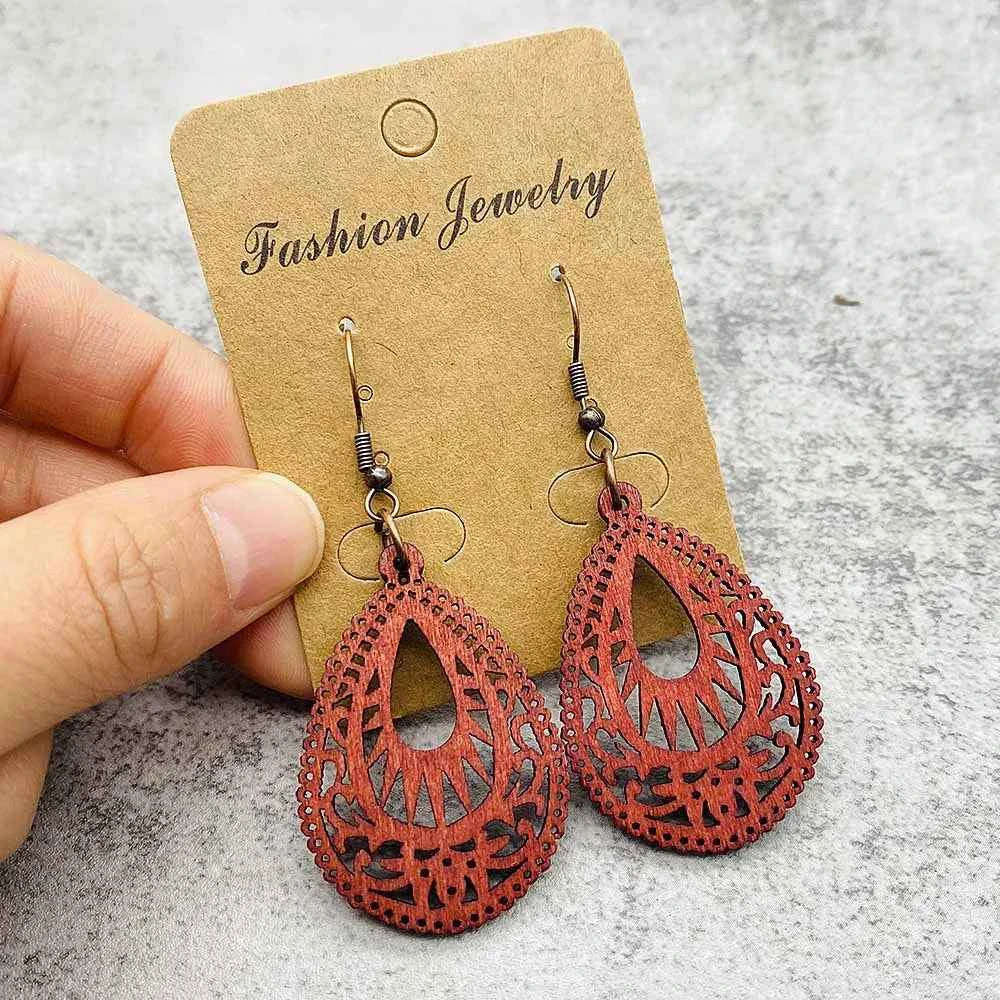 Vintage Hollowed Out Wooden Earrings Fashionable  Bohemian Style Creative Geometric Earrings Set for Women's Daily Wear