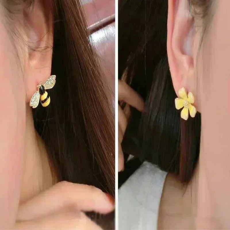 Women Summer Fashion Cute Bee Flower Earrings Girl's Versatile Style Asymmetric Creative Exquisite Earrings Gifts Accessories