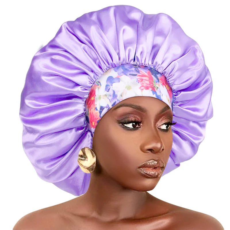 New Big Size Floral Print Bonnet Satin Wide Elastic Band Beanie Night Sleep Caps Head Cover African Headwrap Turban Chemo Caps - NamafadStore