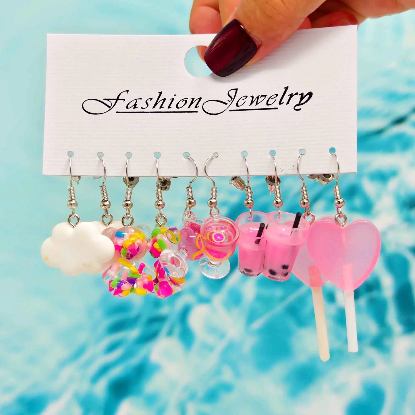 Little Bear High footed Cup White Cloud Earrings, Resin Simulation Food Candy Earrings Set