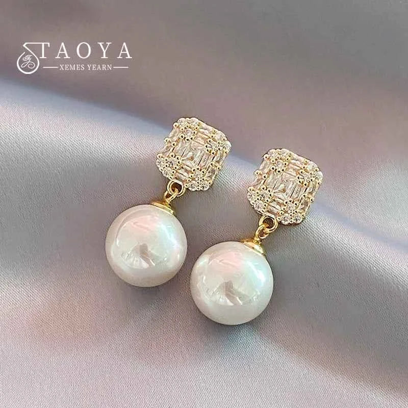 Luxury Shiny Zircon Crystal Pearl Pendant Gold Color Earrings 2025 Fashion Jewelry Party For Women's Exquisite Ear Accessories