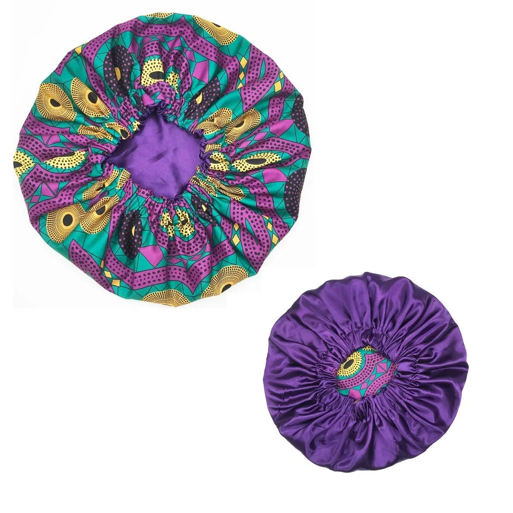 New African Ankara Pattern Satin Linned Bonnet Women Long Ribbon Headwrap Double Layer Headscarf Big Size Adult Hair Cover