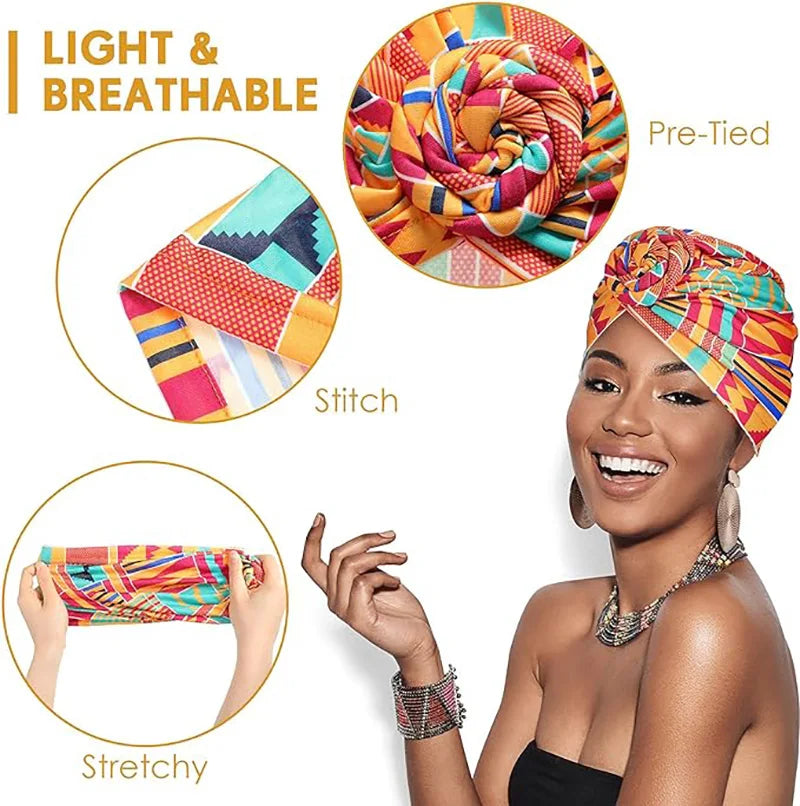 New African Print Pleated Turban Floral Beanie Knot Flower India Head Wrap Elegant Women Chemo Cap Bandana Headwear Head Cover - NamafadStore