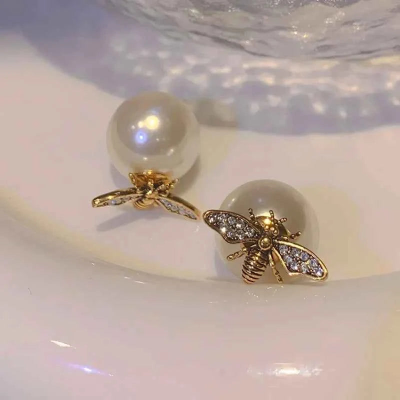New Arrival Stud Earrings Fashion Animal Metal Women Trendy Bees Pearl Double-sided Two-wear Earrings Light Luxury Jewelry