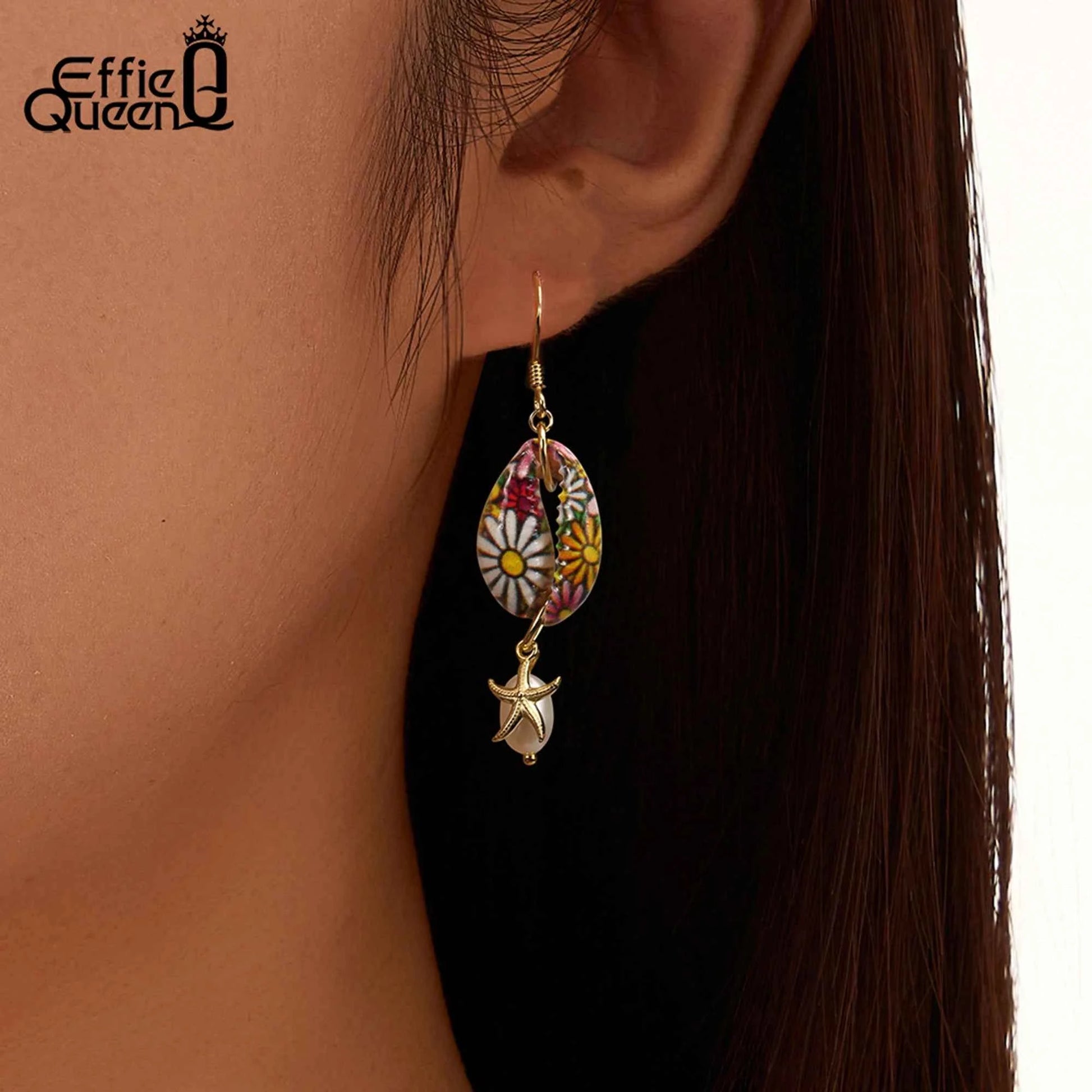 Effie Queen Natural Freshwater Pearls With Starfish Style & Floral Pattern Ornament 925 Sterling Silver Dangle Earrings GPE117