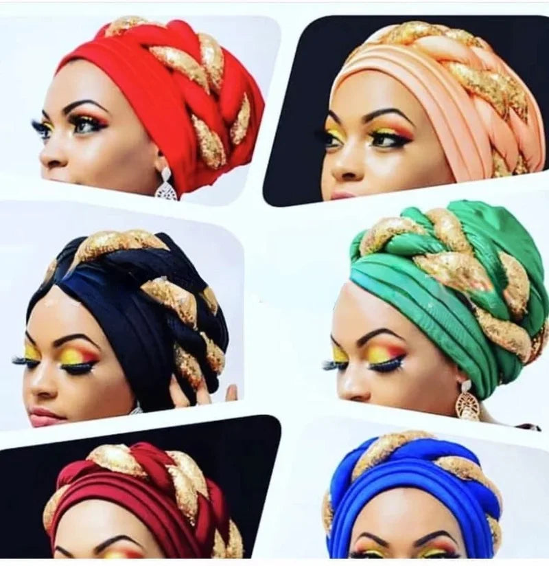 Women Braid Turbans Latest African Headtie Ladies Sequin Head Wraps African Aso Oke Winter Headtie Negerian Wedding Gele Caps - NamafadStore