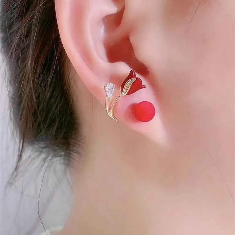 Korean Imitation Pearl Flower Earrings Fashion Crystal Zircon Red Rose Stud Earring for Woman Party Jewelry Christmas Gift