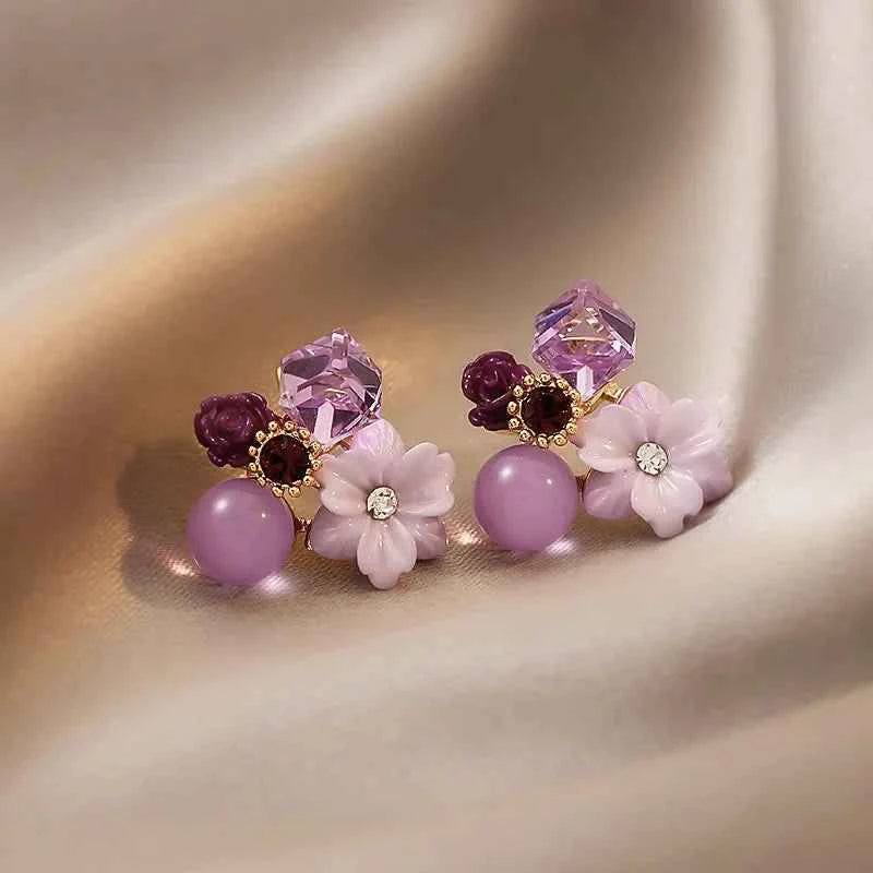 2024 New Korean Fashion Purple Crystal Beads Flower Stud Earrings Premium Sense Sweet Earrings for Women Jewelry Accessories