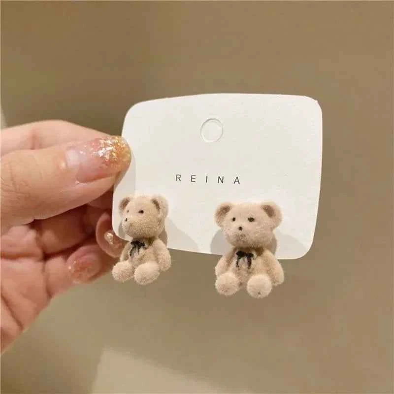 New Design Cute Flocking Plush Rabbit Stud Earrings for Women Korean Fashion Brown Animal Bear Earring Jewelry Party Girls Gift