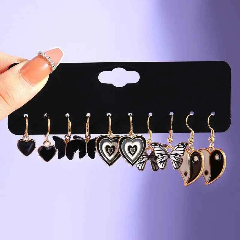 12Pcs Classic Fashion Butterfly Heart Drop Dangle Earrings for Women Charm Gold Color Enamel Pearl Hoop Earring Punk Jewelry Set