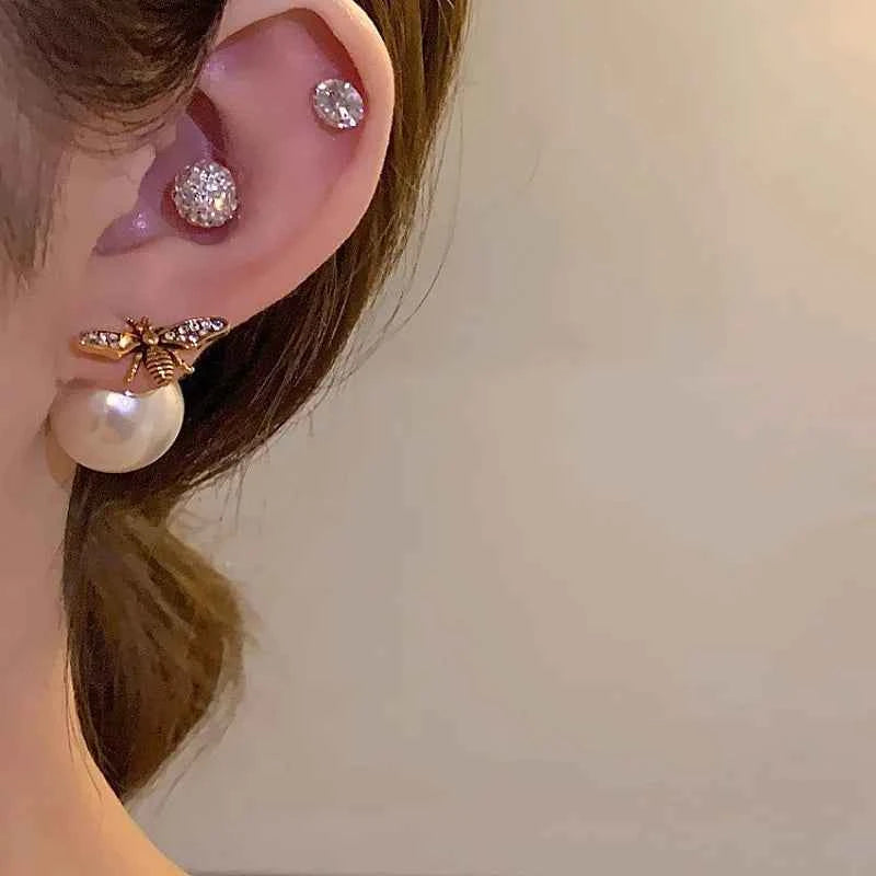 New Arrival Stud Earrings Fashion Animal Metal Women Trendy Bees Pearl Double-sided Two-wear Earrings Light Luxury Jewelry