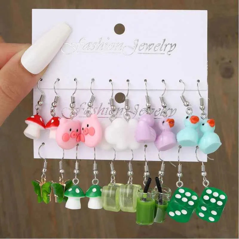 New Sweet Cartoon Dopamine Earrings Set For Women Colorful Cute Duck Butterfly Star Pig Drop Earring Party Earrings Jewelry Gift