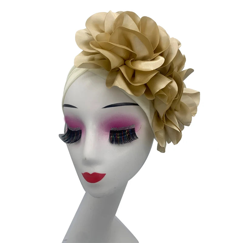 Women's Head Wraps Wedding Party Headpiece Muslim Headscarf Hat India Caps Exaggerated Big Flower African Turban Cap - NamafadStore