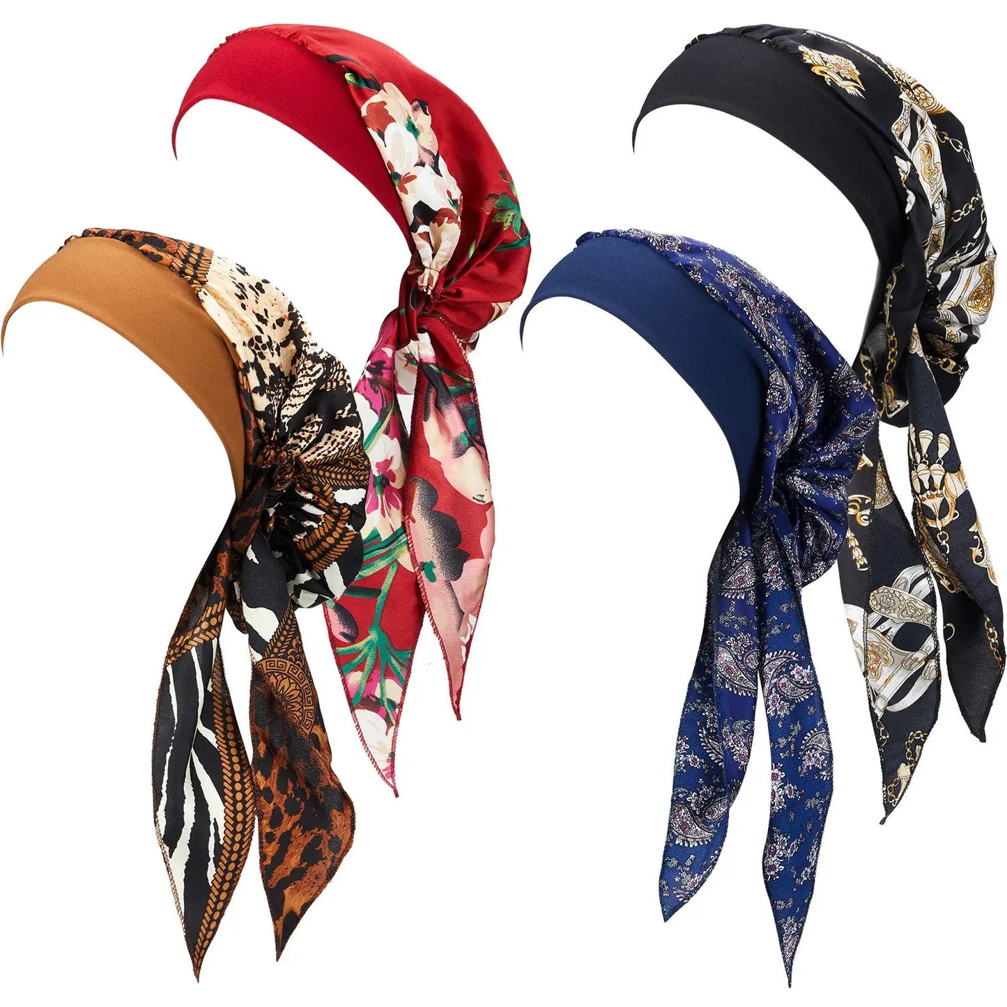 Muslim Women Headwear Turbans Silky Head Scarf With Wide Band Printed Sleeping Hat Hijab Bonnet Hair Cover Ready To Wear - NamafadStore