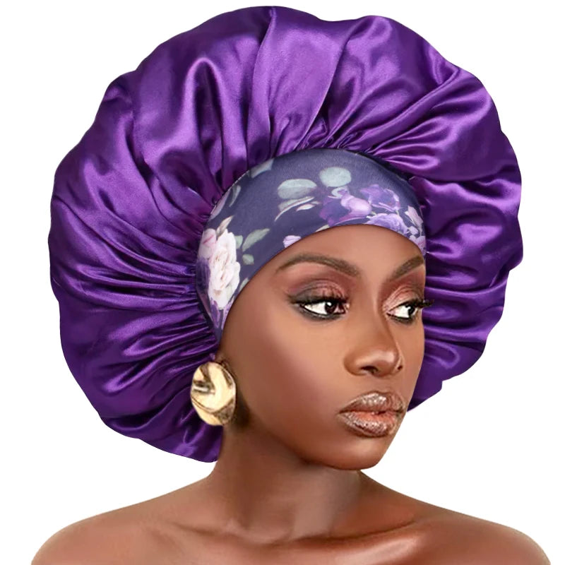 New Big Size Floral Print Bonnet Satin Wide Elastic Band Beanie Night Sleep Caps Head Cover African Headwrap Turban Chemo Caps - NamafadStore