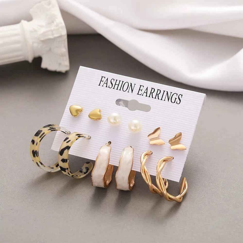 Punk Leopard Acrylic Resin Hoop Earrings Set for Women Trendy Gold Silver Color Butterfly Pearl Circle Earrings Gifts Jewelry