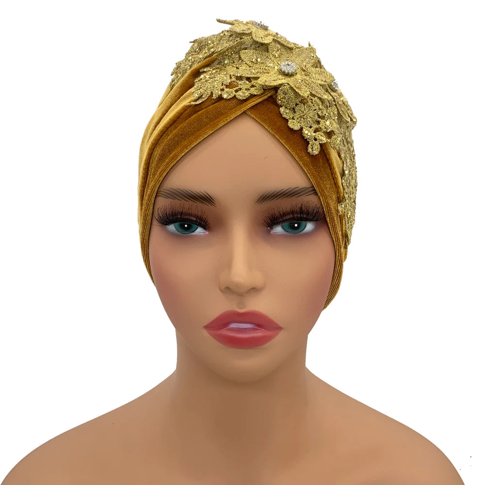 Applique Flower Embroidery Turban Caps for Women Ruffle Velvet Headscarf Bonnet Hat Female Head Wraps Turbante Mujer - NamafadStore
