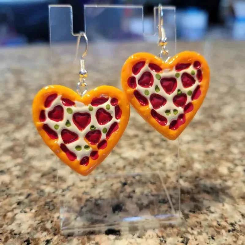 Funny Heart Shaped Pizza Women's Hook Earrings Resin Handmade Cooking Master Jewelry - Perfect Gift for Anniversary