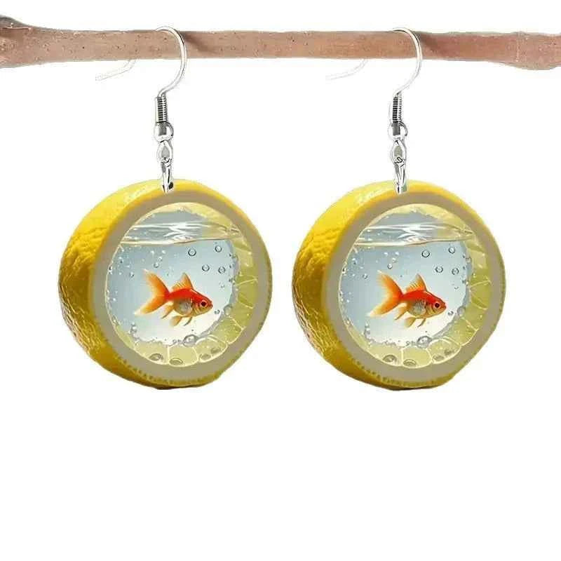 Cute Cartoon 2D Lemon Fish Acrylic Print Drop Earrings for Women Funny Round Carp Dangle Earring Creative Jewelry Birthday Gift