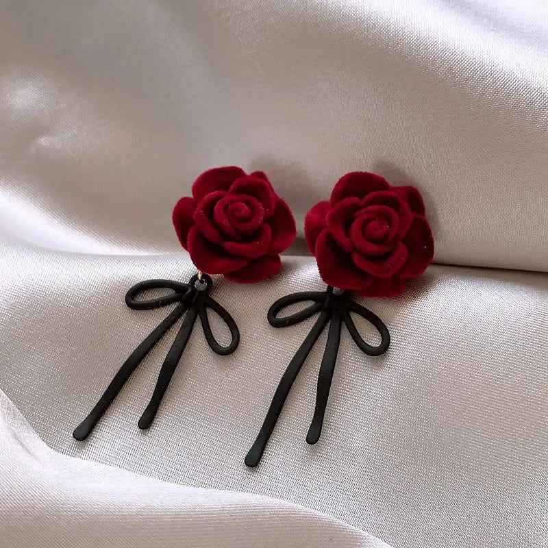 New Retro Flocking Flower Bow Earrings Luxury Roses Fashion Earings for Women Jewelry