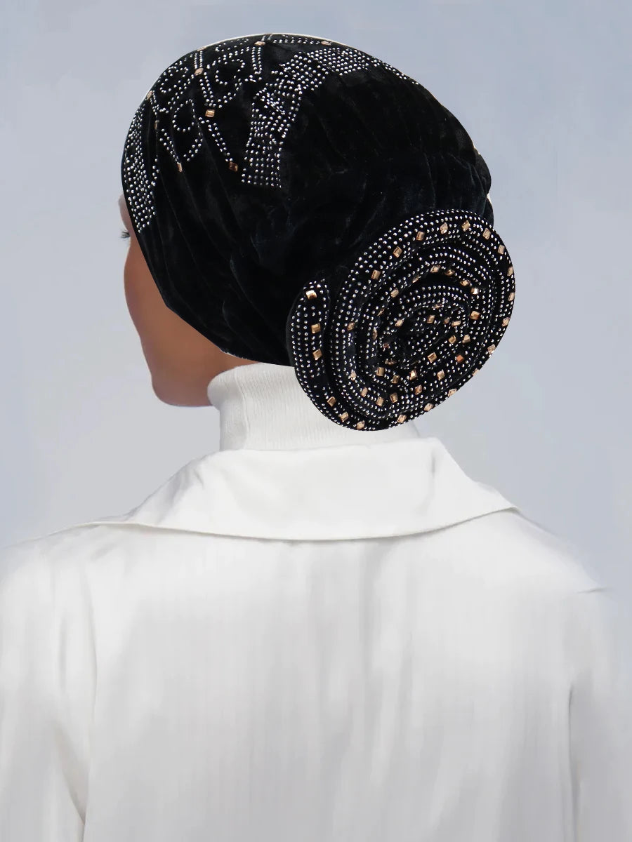 Soft Velvet Turban Cap for Women Muslim Headscarf Bonnet Elastic Female Headpiece Stylish Glitter Diamonds African Head Wraps - NamafadStore